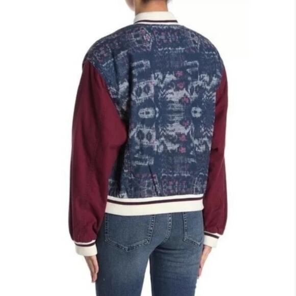 FREE PEOPLE Varsity of Dreams Bomber Jacket Denim Maroon - Picture 3 of 7